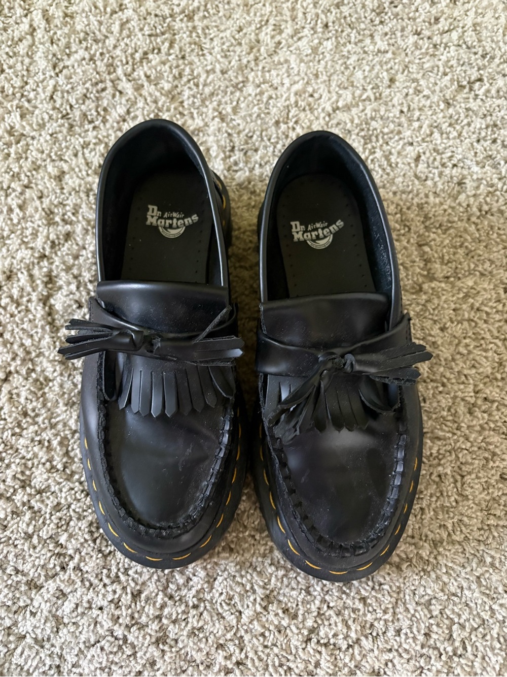 Dr. Martens Women’s Black Leather Tassel Kiltie Loafers with Yellow Stitching